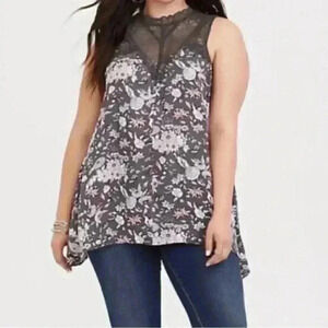 Torrid Blouse Tank Top Sleeveless Lace  Trimmed Tunic Grey Floral Size 4X